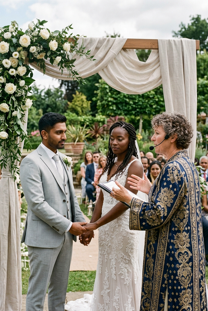Bride and groom holding hands during outdoor wedding ceremony with officiant speaking