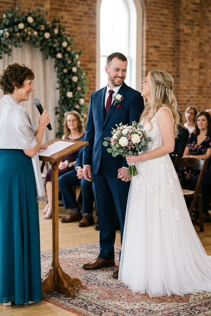 Bride and groom holding hands during wedding ceremony with officiant speaking