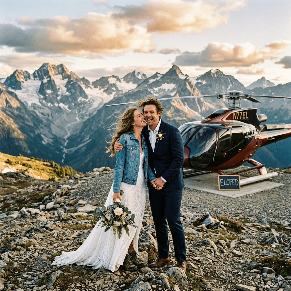 Newly eloped couple standing on rocky terrain with mountains and helicopter behind