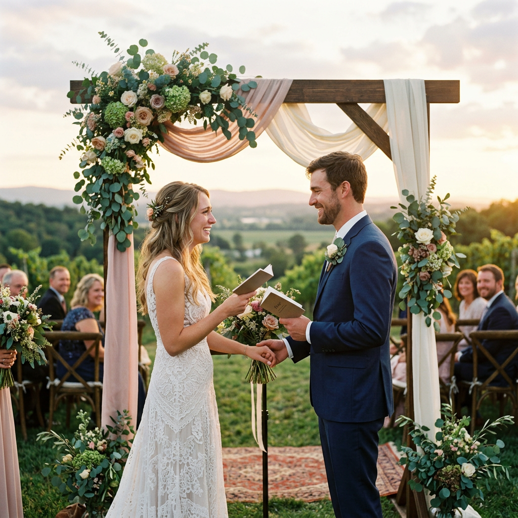 Bride and groom holding hands and reading vows outdoors under flower-decorated arch